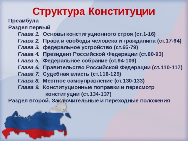 Структура Конституции Преамбула Раздел первый Глава 1.  Основы конституционного строя (ст.1-16) Глава 2.  Права и свободы человека и гражданина (ст.17-64) Глава 3.  федеральное устройство (ст.65-79) Глава 4.  Президент Российской Федерации (ст.80-93) Глава 5.   Федеральное собрание (ст.94-109) Глава 6.  Правительство Российской Федерации (ст.110-117) Глава 7.   Судебная власть (ст.118-129) Глава 8.   Местное самоуправление (ст.130-133) Глава 9.  Конституционные поправки и пересмотр  конституции (ст.134-137) Глава 1.  Основы конституционного строя (ст.1-16) Глава 2.  Права и свободы человека и гражданина (ст.17-64) Глава 3.  федеральное устройство (ст.65-79) Глава 4.  Президент Российской Федерации (ст.80-93) Глава 5.   Федеральное собрание (ст.94-109) Глава 6.  Правительство Российской Федерации (ст.110-117) Глава 7.   Судебная власть (ст.118-129) Глава 8.   Местное самоуправление (ст.130-133) Глава 9.  Конституционные поправки и пересмотр  конституции (ст.134-137) Раздел второй. Заключительные и переходные положения 