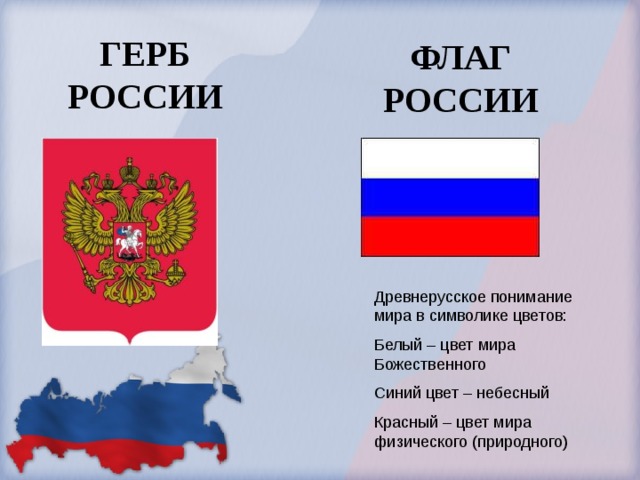 ГЕРБ РОССИИ ФЛАГ РОССИИ Древнерусское понимание мира в символике цветов: Белый – цвет мира Божественного Синий цвет – небесный Красный – цвет мира физического (природного) 