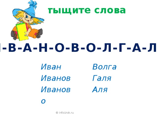 Отыщите слова И-В-А-Н-О-В-О-Л-Г-А-Л-Я Иван Волга Иванов Галя Иваново Аля © InfoUrok.ru 