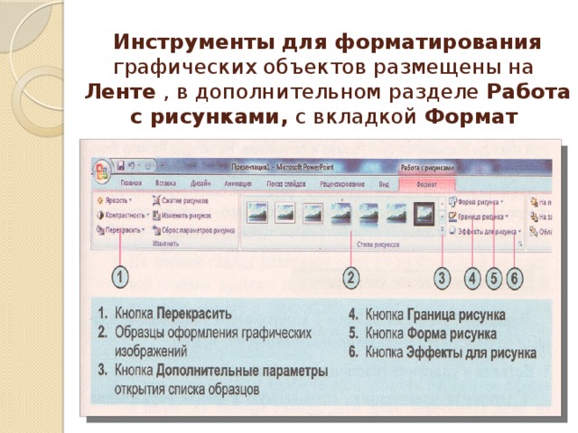 Инструменты для форматирования графических объектов размещены на Ленте , в дополнительном разделе Работа с рисунками, с вкладкой Формат 