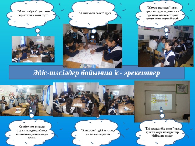 “ Ыстық орындық” әдісі арқылы сұрақтарын сыни тұрғыдан ойлана отырып қояды және жауап береді. “ Айналмалы бекет” әдісі “ Миға шабуыл” әдісі мен зеректігімен көзге түсті Әдіс-тәсілдер бойынша іс- әрекеттер “ Аквариум” әдісі негізінде өз білімін көрсетті “ Екі жұлдыз бір тілек” әдісі арқылы оқушылардан кері байланыс жасау Сергіту сәті арқылы оқушыларлдың сабаққа деген қызығушылықтары артты. 