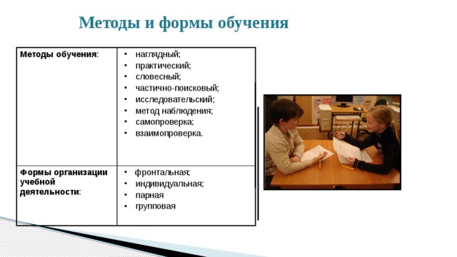  Методы и формы обучения   Методы обучения :  наглядный;  практический;  словесный;  частично-поисковый;  исследовательский;  метод наблюдения;  самопроверка;  взаимопроверка. Формы организации учебной деятельности : фронтальная;  индивидуальная;  парная  групповая 