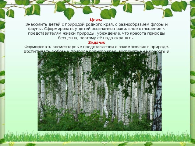 Цель:   Знакомить детей с природой родного края, с разнообразием флоры и фауны. Сформировать у детей осознанно-правильное отношение к представителям живой природы; убеждение, что красота природы бесценна, поэтому её надо охранять.  Задачи: Формировать элементарные представления о взаимосвязях в природе. Воспитывать любовь к природе родного края, восприятие её красоты и многообразия 