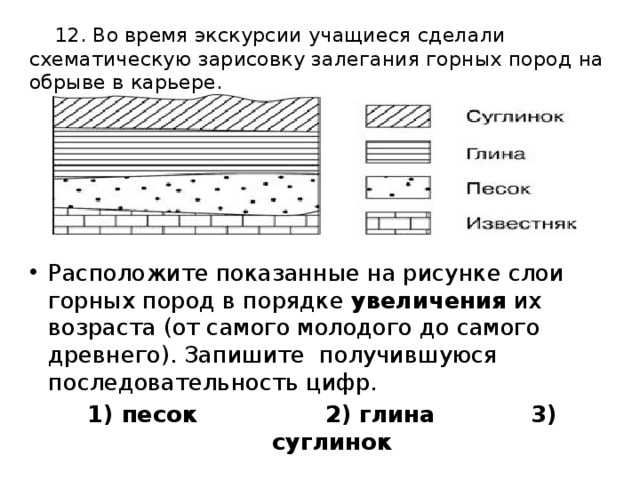 12. Во время экскурсии учащиеся сделали схематическую зарисовку залегания горных пород на обрыве в карьере. Расположите показанные на рисунке слои горных пород в порядке  увеличения  их возраста (от самого молодого до самого древнего). Запишите получившуюся последовательность цифр. 1) песок 2) глина 3) суглинок 