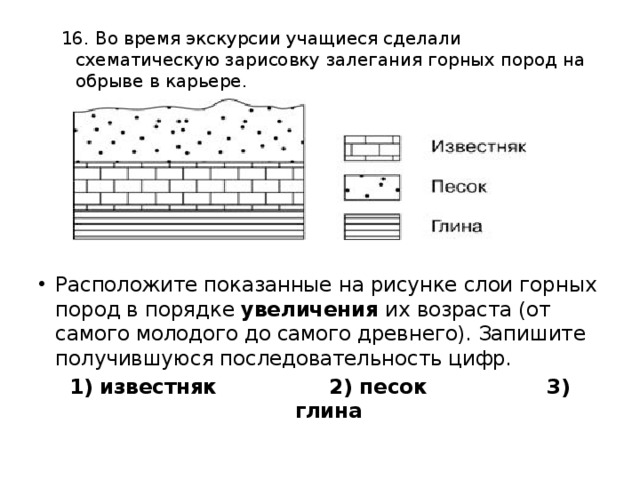 16. Во время экскурсии учащиеся сделали схематическую зарисовку залегания горных пород на обрыве в карьере. Расположите показанные на рисунке слои горных пород в порядке  увеличения  их возраста (от самого молодого до самого древнего). Запишите получившуюся последовательность цифр. 1) известняк 2) песок 3) глина 