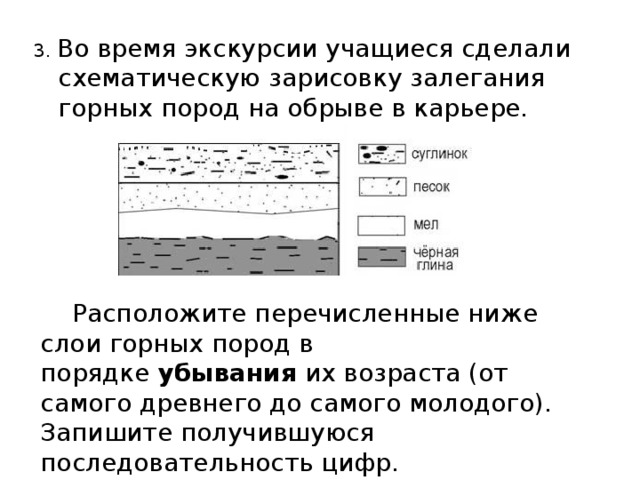 3. Во время экскурсии учащиеся сделали схематическую зарисовку залегания горных пород на обрыве в карьере. Расположите перечисленные ниже слои горных пород в порядке  убывания  их возраста (от самого древнего до самого молодого). Запишите получившуюся последовательность цифр. 1) песок   2) мел   3) чёрная глина 
