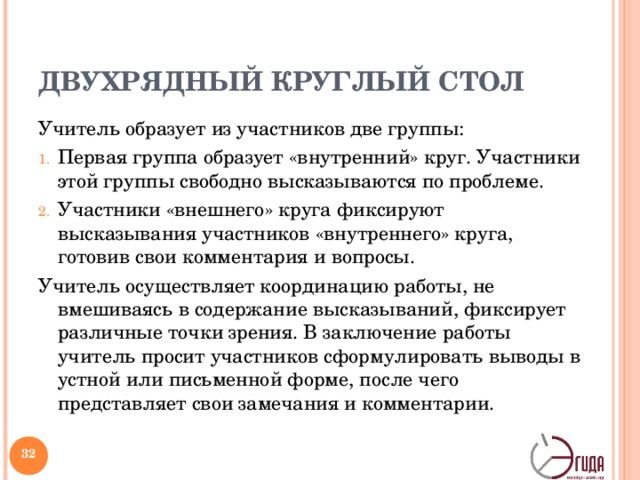 ДВУХРЯДНЫЙ КРУГЛЫЙ СТОЛ Учитель образует из участников две группы: Первая группа образует «внутренний» круг. Участники этой группы свободно высказываются по проблеме. Участники «внешнего» круга фиксируют высказывания участников «внутреннего» круга, готовив свои комментария и вопросы. Учитель осуществляет координацию работы, не вмешиваясь в содержание высказываний, фиксирует различные точки зрения. В заключение работы учитель просит участников сформулировать выводы в устной или письменной форме, после чего представляет свои замечания и комментарии.   