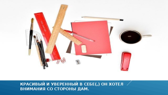 Красивый и уверенный в себе(,) он хотел  внимания со стороны дам. 