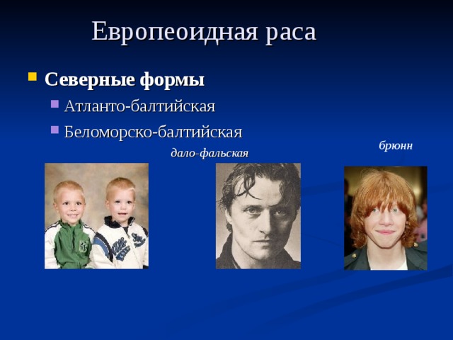 Европеоидная раса Северные формы Атланто-балтийская Беломорско-балтийская Атланто-балтийская Беломорско-балтийская   дало-фальская    дало-фальская  брюнн 