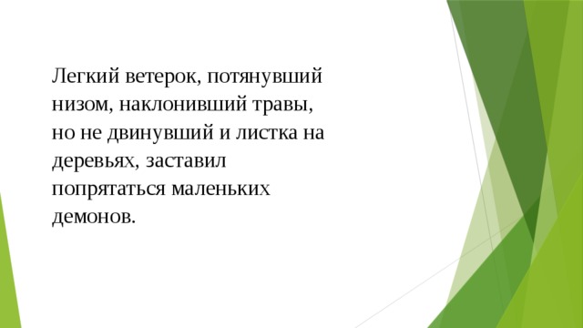 Легкий ветерок, потянувший низом, наклонивший травы, но не двинувший и листка на деревьях, заставил попрятаться маленьких демонов. 