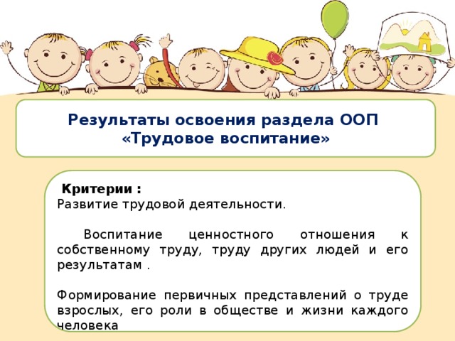 Результаты освоения раздела ООП «Трудовое воспитание»  Критерии : Развитие трудовой деятельности.  Воспитание ценностного отношения к собственному труду, труду других людей и его результатам . Формирование первичных представлений о труде взрослых, его роли в обществе и жизни каждого человека 