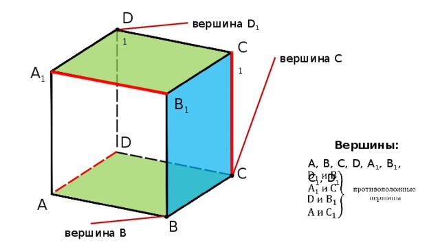 D 1 вершина D 1 C 1 вершина С A 1 B 1 D Вершины: А, В, С, D, А 1 , В 1 , С 1 , D 1 C A B вершина B 
