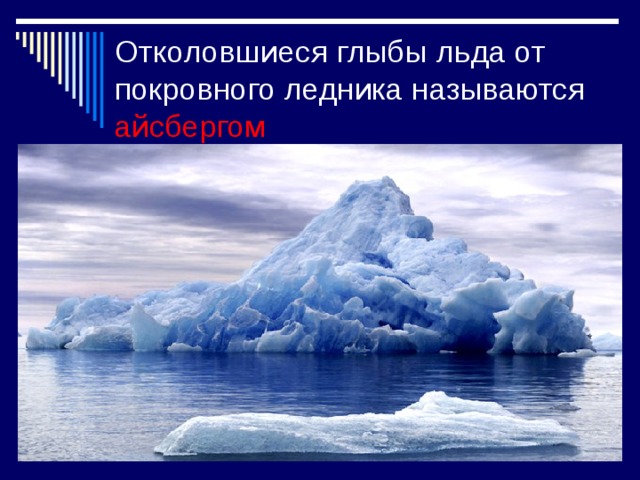Отколовшиеся глыбы льда от покровного ледника называются айсбергом 