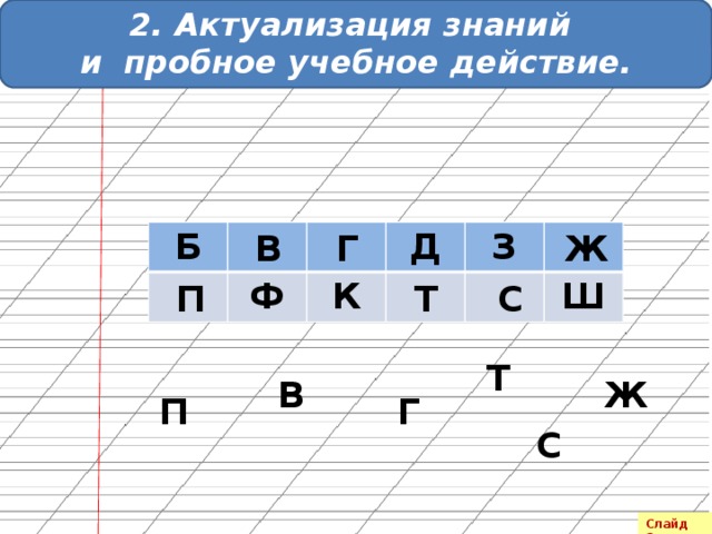 2. Актуализация знаний и пробное учебное действие. Ж Г В Б Ф К Д З Ш С Т П Т В Ж Г П С Слайд 2