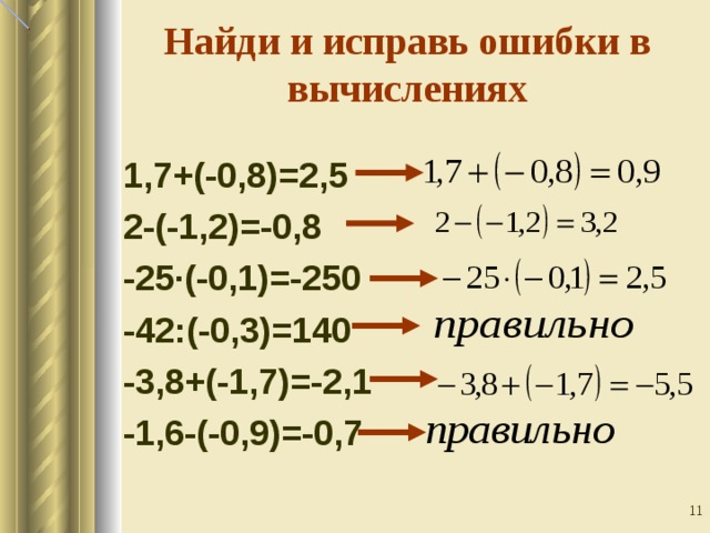Найди и исправь ошибки в вычислениях 1,7+(-0,8)=2,5 2-(-1,2)=-0,8 -25 ∙(-0,1)=-250 -42:(-0,3)=140 -3,8+(-1,7)=-2,1 -1,6-(-0,9)=-0,7  