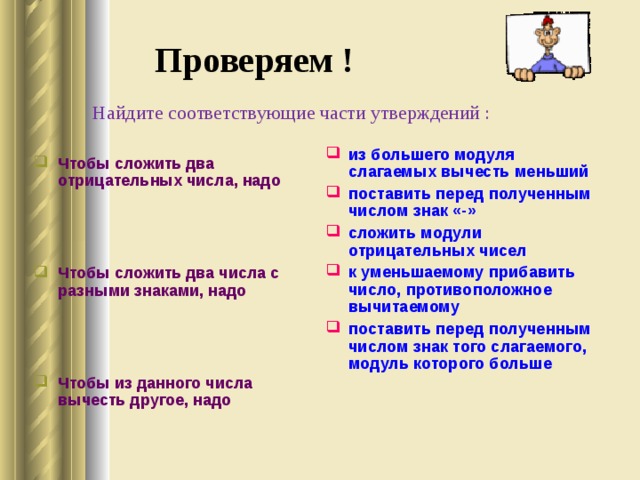 Проверяем !  Найдите соответствующие части утверждений :   из большего модуля слагаемых вычесть меньший поставить перед полученным числом знак «-» сложить модули отрицательных чисел к уменьшаемому прибавить число, противоположное вычитаемому поставить перед полученным числом знак того слагаемого, модуль которого больше Чтобы сложить два отрицательных числа, надо    Чтобы сложить два числа с разными знаками, надо    Чтобы из данного числа вычесть другое, надо 