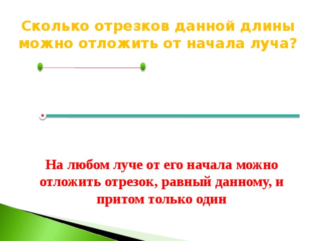 Сколько отрезков данной длины можно отложить от начала луча? На любом луче от его начала  можно отложить отрезок,  равный данному, и притом  только один 