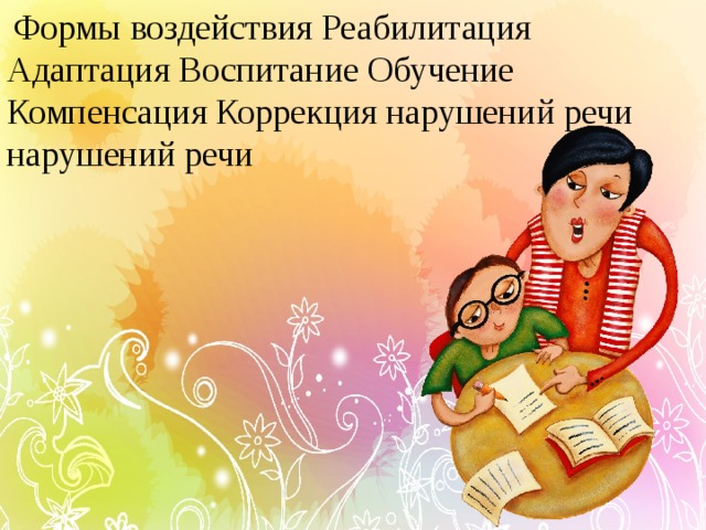   Формы воздействия Реабилитация Адаптация Воспитание Обучение Компенсация Коррекция нарушений речи нарушений речи  