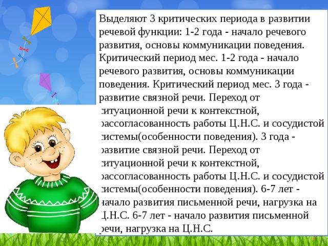 Выделяют 3 критических периода в развитии речевой функции: 1-2 года - начало речевого развития, основы коммуникации поведения. Критический период мес. 1-2 года - начало речевого развития, основы коммуникации поведения. Критический период мес. 3 года - развитие связной речи. Переход от ситуационной речи к контекстной, рассогласованность работы Ц.Н.С. и сосудистой системы(особенности поведения). 3 года - развитие связной речи. Переход от ситуационной речи к контекстной, рассогласованность работы Ц.Н.С. и сосудистой системы(особенности поведения). 6-7 лет - начало развития письменной речи, нагрузка на Ц.Н.С. 6-7 лет - начало развития письменной речи, нагрузка на Ц.Н.С.  