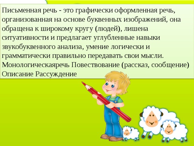 Письменная речь - это графически оформленная речь, организованная на основе буквенных изображений, она обращена к широкому кругу (людей), лишена ситуативности и предлагает углубленные навыки звукобуквенного анализа, умение логически и грамматически правильно передавать свои мысли. Монологическаяречь Повествование (рассказ, сообщение) Описание Рассуждение  
