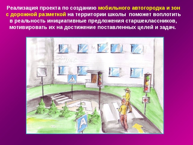 Реализация проекта по созданию  мобильного автогородка и зон с дорожной разметкой  на территории школы поможет воплотить в реальность инициативные предложения старшеклассников, мотивировать их на достижение поставленных целей и задач. 