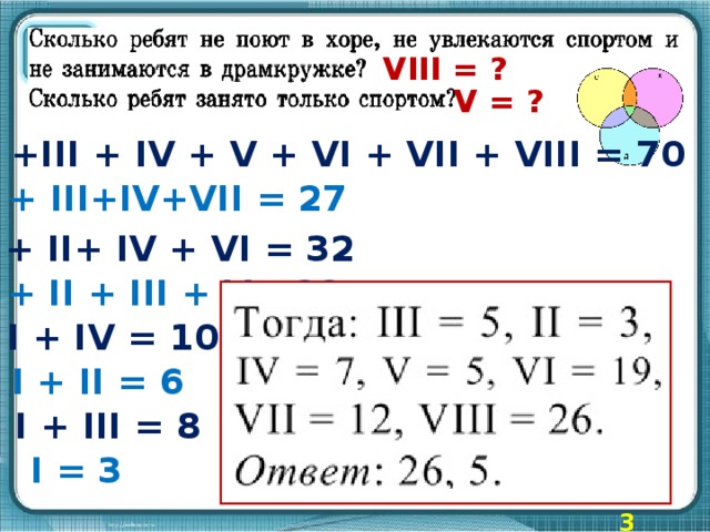 VIII = ? V = ? I +II +III + IV + V + VI + VII + VIII = 70 I + III+IV+VII = 27 I + II+ IV + VI = 32 I + II + III + V= 22 I + IV = 10 I + II = 6 I + III = 8 I = 3 3 балла 