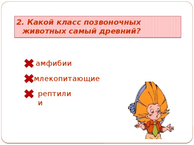 2. Какой класс позвоночных животных самый древний? амфибии млекопитающие рептилии 