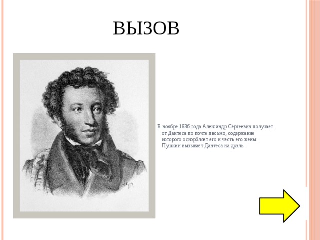 Вызов  В ноябре 1836 года Александр Сергеевич получает от Дантеса по почте письмо, содержание которого оскорбляет его и честь его жены. Пушкин вызывает Дантеса на дуэль. 