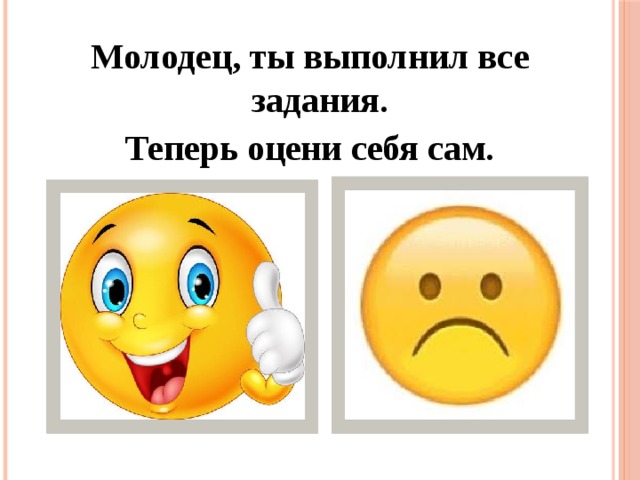 Молодец, ты выполнил все задания. Теперь оцени себя сам.  