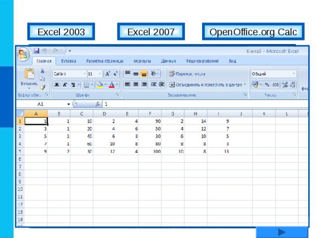 OpenOffice.org Calc Excel 2007 Excel 2003 