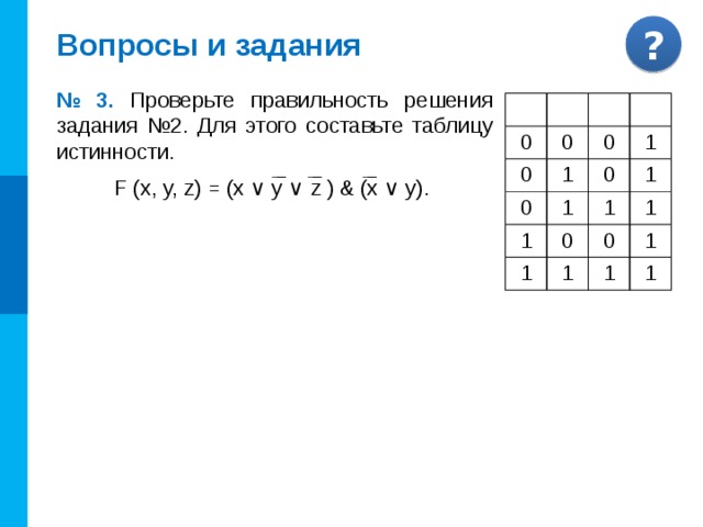 Анализ таблиц истинности № 1. Известен фрагмент таблицы истинности для логичес-кой функции F ( А , В , С ). Сколько из приведённых ниже логических выражений соответствуют этому фрагменту? а) (A ∨ С) & В б) (A ∨ В) & (C → A) в) (A & В ∨ С) & (В → A & С) г) (A → В) ∨ (С ∨ A → В) А В 1 0 1 С 1 1 F 1 0 1 0 1 1 1 4 3 1 5 2 в) (A ∧ В ∨ С) ∧ (В → A ∧ С) в А 1 В 1 С 0 1 1 1 1 0 2 1 1 3 4 5 F 0 1 1 0 1 1 1 1  