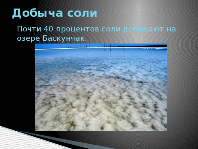 Добыча соли Почти 40 процентов соли добывают на озере Баскунчак.
