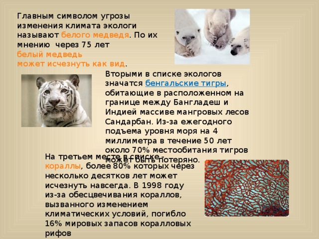Главным символом угрозы изменения климата экологи называют белого медведя . По их мнению через 75 лет белый медведь  может исчезнуть как вид . Вторыми в списке экологов значатся бенгальские тигры , обитающие в расположенном на границе между Бангладеш и Индией массиве мангровых лесов Сандарбан. Из-за ежегодного подъема уровня моря на 4 миллиметра в течение 50 лет около 70% местообитания тигров может быть потеряно. На третьем месте в списке - кораллы , более 80% которых через несколько десятков лет может исчезнуть навсегда. В 1998 году из-за обесцвечивания кораллов, вызванного изменением климатических условий, погибло 16% мировых запасов коралловых рифов 