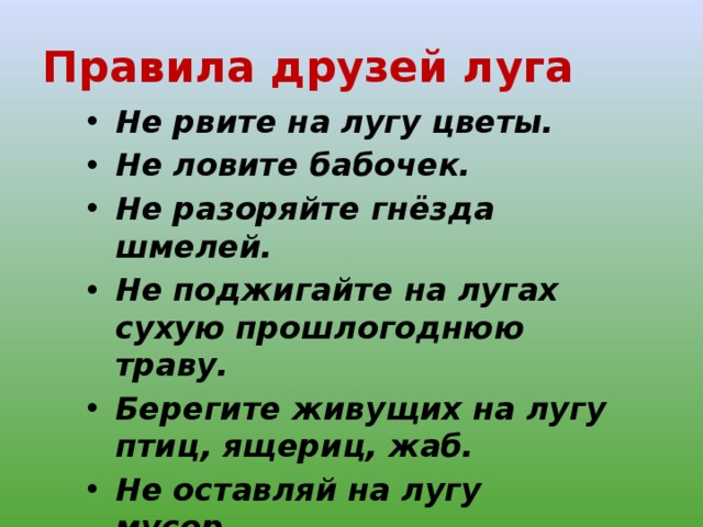 Правила друзей луга Не рвите на лугу цветы. Не ловите бабочек. Не разоряйте гнёзда шмелей. Не поджигайте на лугах сухую прошлогоднюю траву. Берегите живущих на лугу птиц, ящериц, жаб. Не оставляй на лугу мусор. 