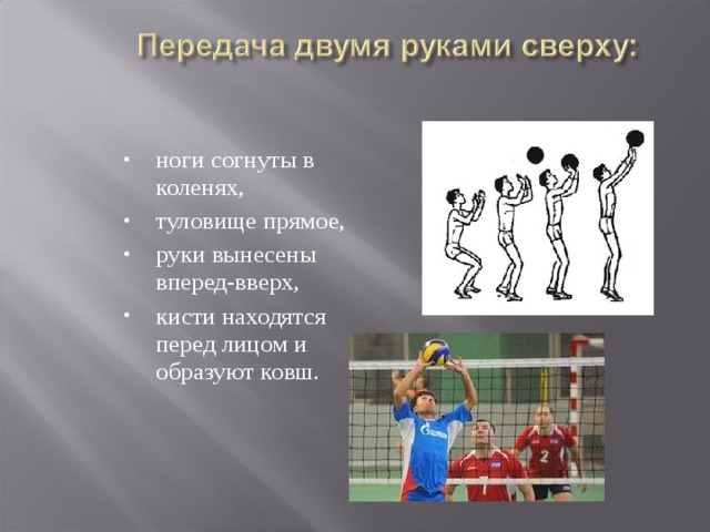ноги согнуты в коленях, туловище прямое, руки вынесены вперед-вверх, кисти находятся перед лицом и образуют ковш. 
