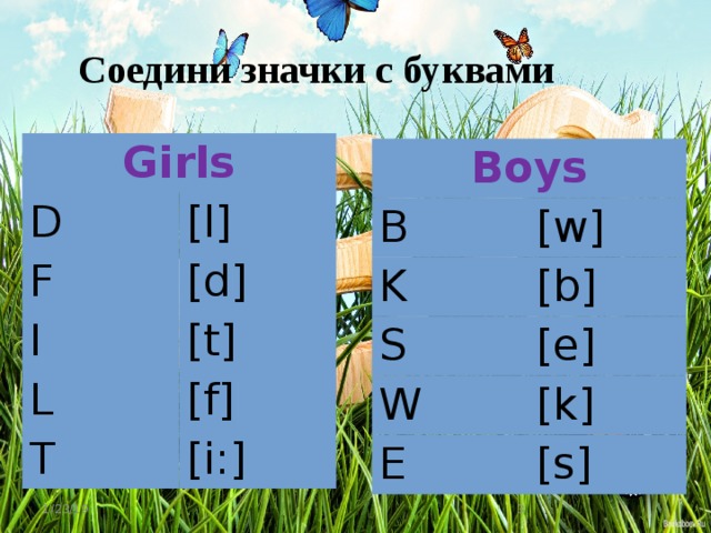 Соедини значки с буквами Girls D [l] F [d] I [t] L [f] T [i:] Boys B [w] K [b] S [e] W [k] E [s] 1/23/19  