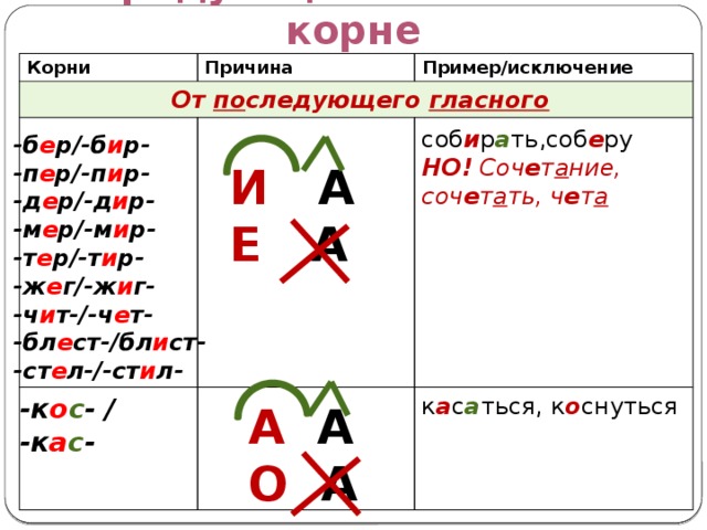 Чередующаяся гласная в корне Корни Причина Пример/исключение От по следующего гласного соб и р а ть,соб е ру НО! Соч е т а ние, соч е т а ть, ч е т а -б е р/-б и р- -п е р/-п и р- -д е р/-д и р- -м е р/-м и р- -т е р/-т и р- -ж е г/-ж и г- -ч и т-/-ч е т- -бл е ст-/бл и ст- -ст е л-/-ст и л- И А Е А к а с а ться, к о снуться -к о с - / -к а с - А А О А 