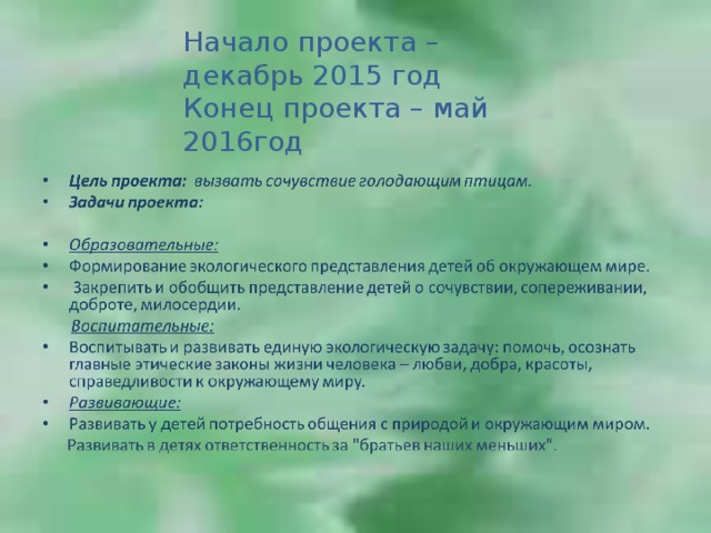 Начало проекта – декабрь 2015 год  Конец проекта – май 2016год 