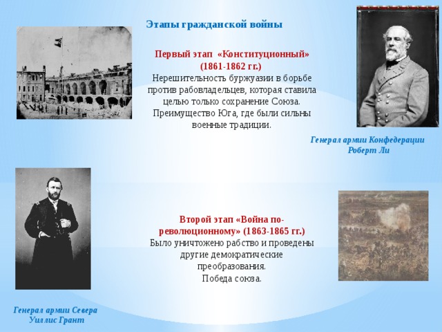 Этапы гражданской войны  Первый этап «Конституционный» (1861-1862 гг.)   Нерешительность буржуазии в борьбе против рабовладельцев, которая ставила целью только сохранение Союза. Преимущество Юга, где были сильны военные традиции.         Второй этап «Война по-революционному» (1863-1865 гг.)  Было уничтожено рабство и проведены другие демократические преобразования.  Победа союза.   Генерал армии Конфедерации  Роберт Ли Генерал армии Севера Уиллис Грант