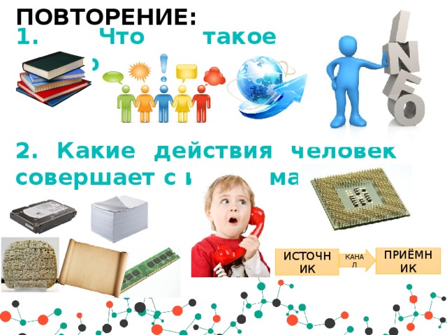 ПОВТОРЕНИЕ: 1. Что такое информация? 2. Какие действия человек совершает с информацией? ПРИЁМНИК ИСТОЧНИК КАНАЛ 