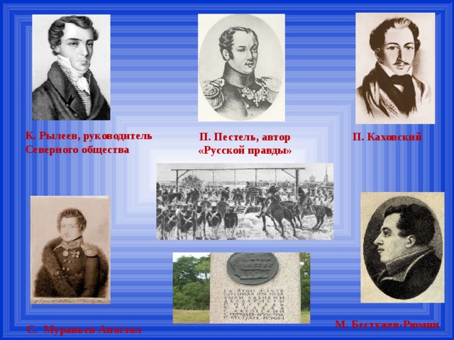 П. Пестель, автор «Русской правды» П. Каховский К. Рылеев, руководитель Северного общества М. Бестужев-Рюмин С. Муравьев-Апостол 