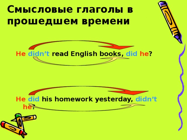 Смысловые глаголы в прошедшем времени  He  didn’t read English books, did  he ?     He  did his homework yesterday, didn’t  he ?  