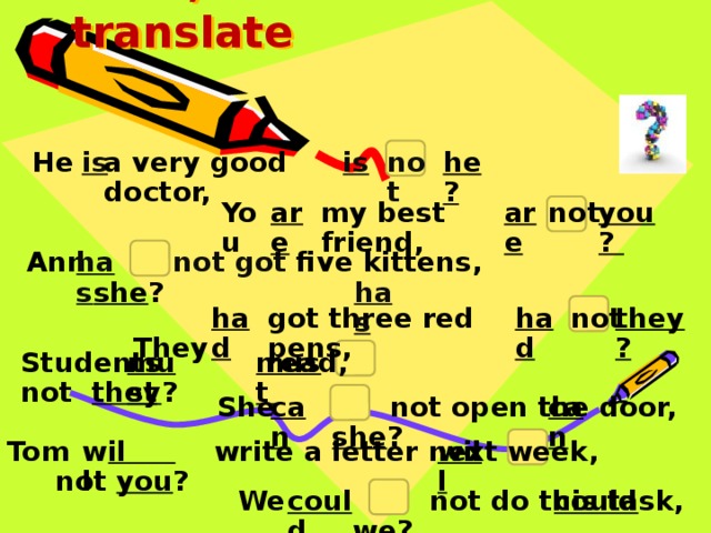 Look, read and translate is not He he? is a very good doctor, not are you? my best friend, are You  has has Ann not got five kittens,  she ?  They they? not got three red pens, had had must must Students read, not they ? can can She not open the door, she ? Tom  write a letter next week, not you ? will will We not do this task, we ? could could 