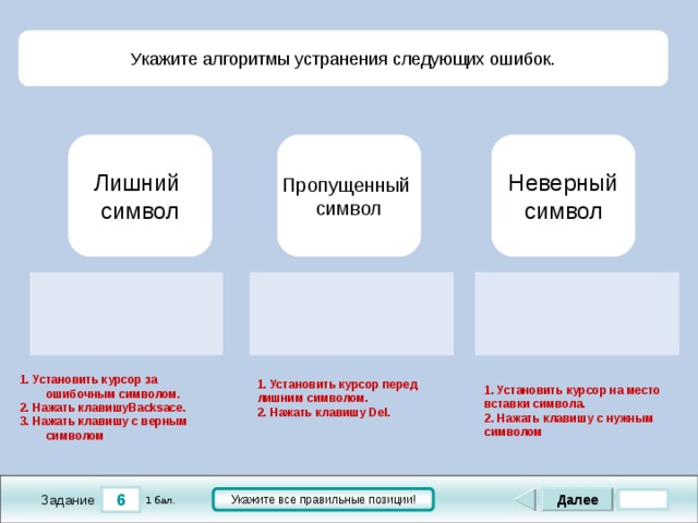 Укажите алгоритмы устранения следующих ошибок. Неверный  символ Пропущенный  символ Лишний символ    1. Установить курсор перед  лишним символом. 2. Нажать клавишу Del . 1. Установить курсор на место  вставки символа. 2. Нажать клавишу с нужным  символом 1. Установить курсор за  ошибочным символом. 2. Нажать клавишу Backsace . 3. Нажать клавишу с верным  символом 6 Далее Укажите все правильные позиции! 1 бал. Задание 