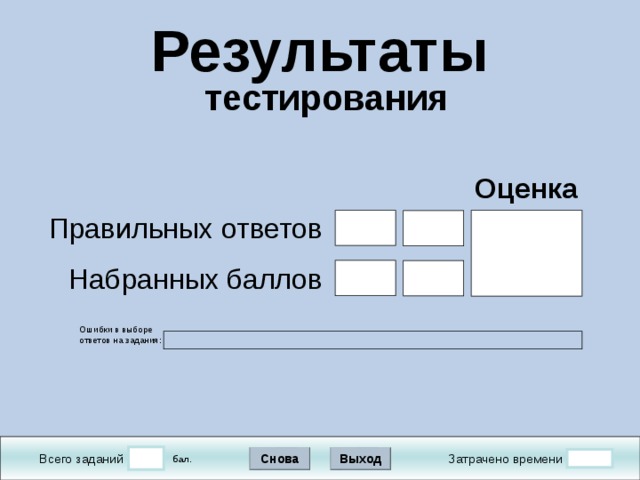 Результаты   тестирования Подождите! Идет обработка данных Оценка Правильных ответов Набранных баллов В конструкторе использована идея перемещения объектов в режиме просмотра демонстрации, предложенная Гансом Хофманом (Hans Werner Hofmann hw@lemitec.de ) Ошибки в выборе ответов на задания:  Выход Снова Затрачено времени  бал. Всего заданий 9 