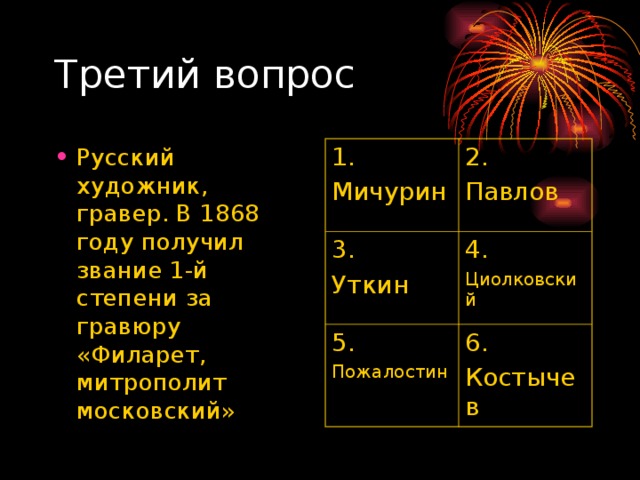 Русский художник, гравер. В 1868 году получил звание 1-й степени за гравюру «Филарет, митрополит московский» 1. Мичурин 2. Павлов 3. Уткин 4. Циолковский 5. Пожалостин 6. Костычев 