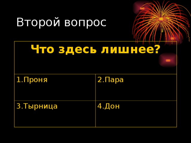 Что здесь лишнее?  1.Проня 2.Пара 3.Тырница 4.Дон 