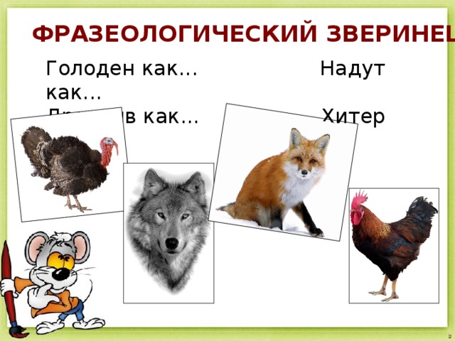 ФРАЗЕОЛОГИЧЕСКИЙ ЗВЕРИНЕЦ Голоден как... Надут как... Драчлив как... Хитер как... 
