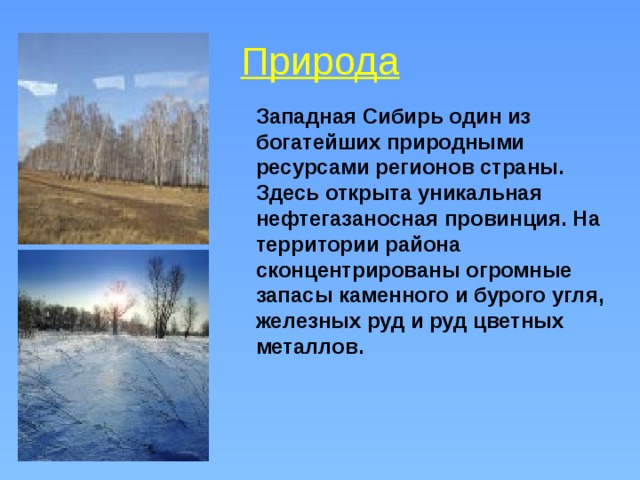 Природа Западная Сибирь один из богатейших природными ресурсами регионов страны. Здесь открыта уникальная нефтегазаносная провинция. На территории района сконцентрированы огромные запасы каменного и бурого угля, железных руд и руд цветных металлов.  