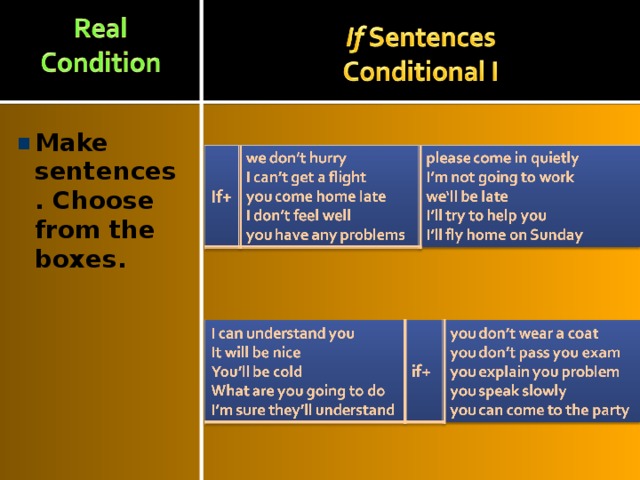 Make sentences. Choose from the boxes.  